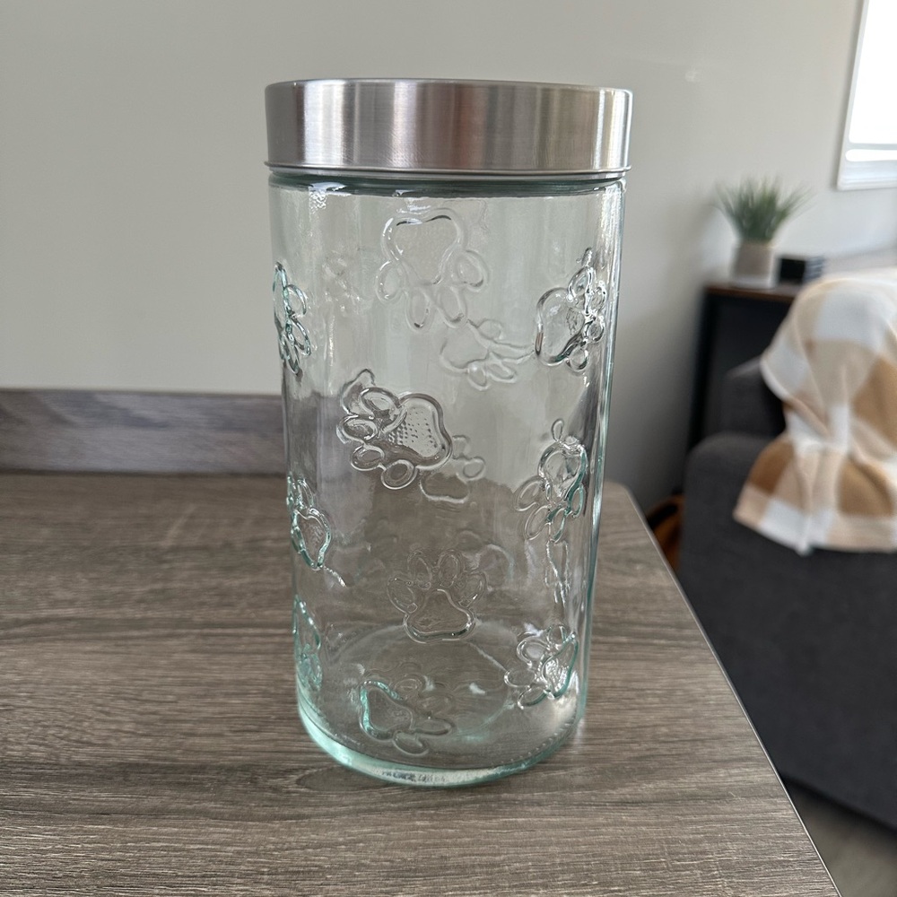 Dog Treat Jar - Glass - Stainless Steel - Pawprints